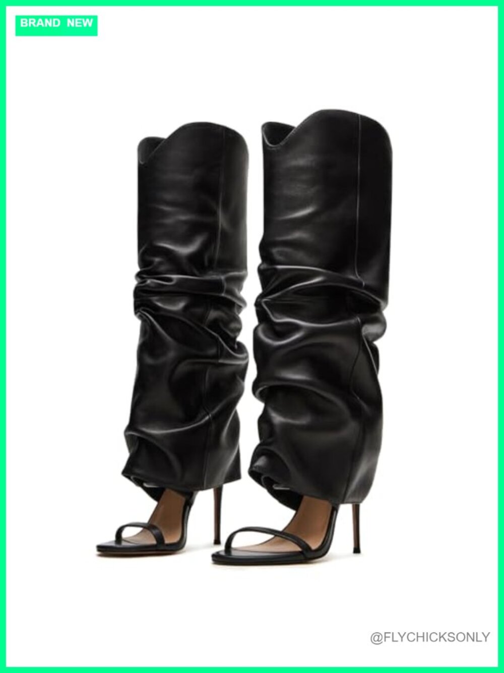Slouched Ruched Knee High Heels Open Toe Stiletto Pull On